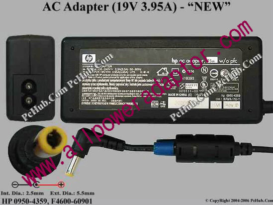 HP AC Adapter- Laptop 19V 3.95A, 5.5/2.5mm, 2-Prong, New