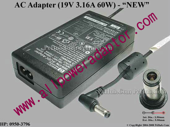 HP AC Adapter 13V-19V 19V 3.16A, 5.5/2.5mm, 2-Prong, New
