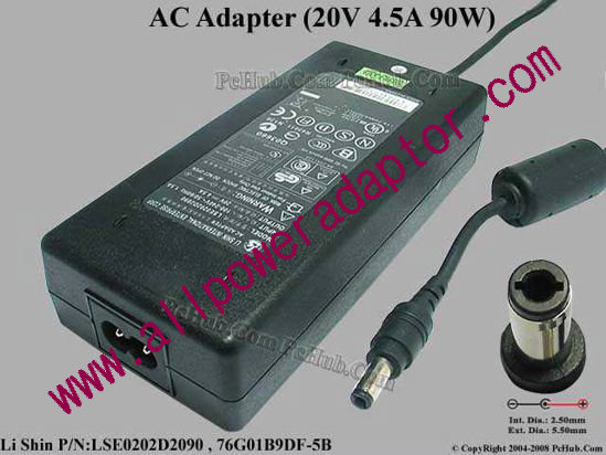 Li Shin LSE0202D2090 AC Adapter 20V 4.5A, 5.5/2.5mm 12mm Length, 2-Prong