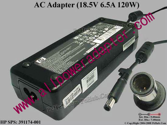 HP AC Adapter- Laptop 18.5V 6.5A, 7.4/5.0mm With Pin, 3-Prong