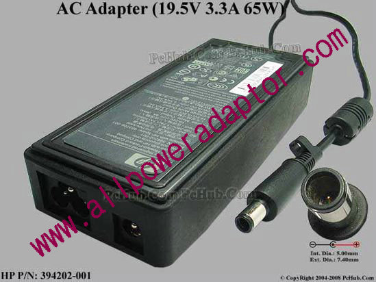 HP AC Adapter- Laptop 19.5V 3.3A, 7.4/5.0mm With Pin, 3-Prong, W/o Dongl