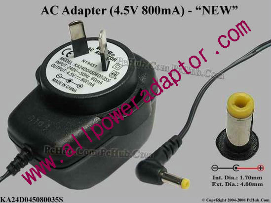 Ktec KA24D045080035S AC Adapter- Laptop 4.5V 0.8A, (1.7/4.0), NEW, (AC-240V)