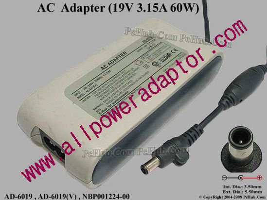 Samsung Laptop AC Adapter AD-6019, 19V 3.15A, Tip I
