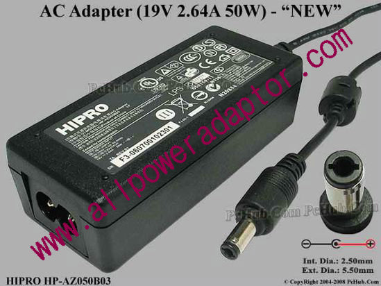 HIPRO HP-AZ050B03 AC Adapter- Laptop 19V 2.64A, Barrel 5.5/2.5mm 2-Prong, New
