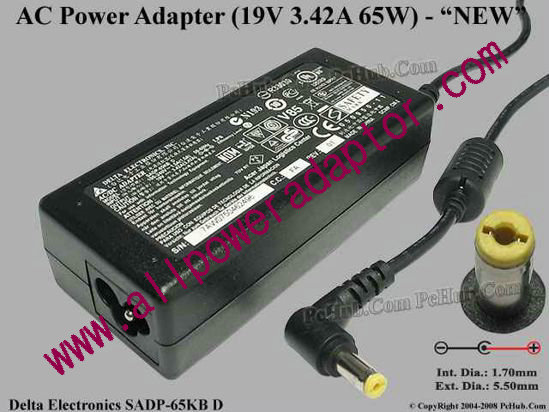 Delta Electronics SADP-65KB AC Adapter- Laptop 19V 3.42A, 5.5/1.7mm, 3-Prong,NEW