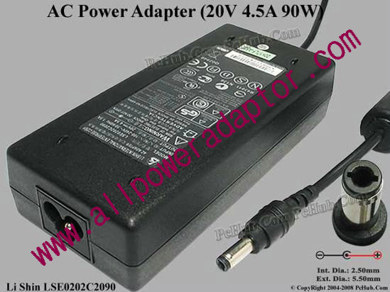 Li Shin LSE0202C2090 AC Adapter 20V 4.5A, 5.5/2.5mm 12mm Length, 3-Prong