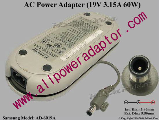 Samsung Laptop AC Adapter AD-6019A, 19V 3.15A, Tip I, (2-prong) - Click Image to Close