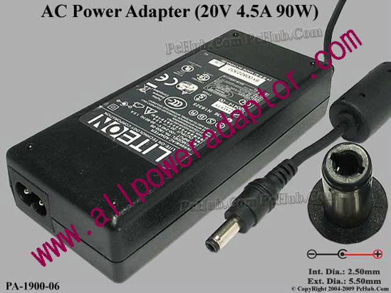 LITE-ON PA-1900-06 AC Adapter 20V 4.5A, 5.5/2.5mm 12mm Length, 2-Prong