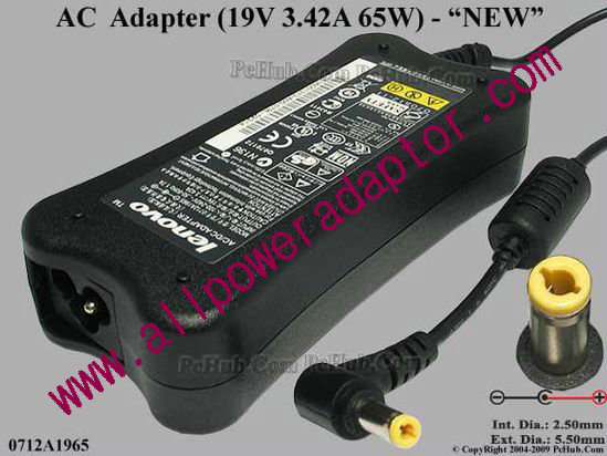 Lenovo AC Adapter- Laptop 19V 3.42A, 5.5/2.5mm 12mm, 3-Prong, New