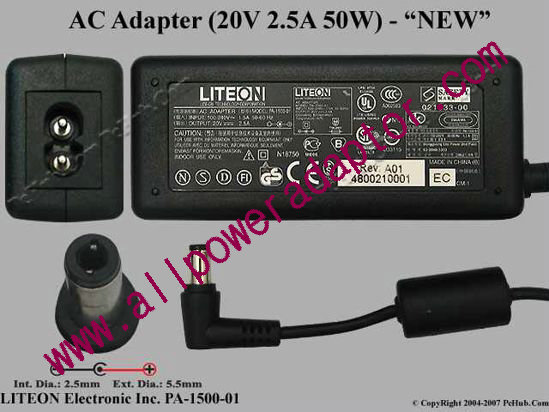 LITE-ON PA-1500-01 AC Adapter 20V 2.5A, 5.5/2.5mm, 2-Prong