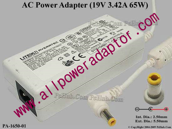 Averatec Common Item (Averatec) AC Adapter- Laptop 19V 3.42A, 5.5/2.5mm, 2-Prong, White
