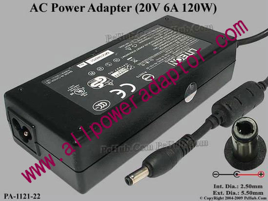 LITE-ON PA-1121-22 AC Adapter 20V 6A, 5.5/2.5mm, 12mm, 3-Prong, New