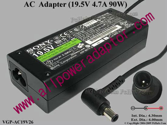 Sony Vaio Parts AC Adapter VGP-AC19V26, 19.5V 4.7A, Tip E - Click Image to Close