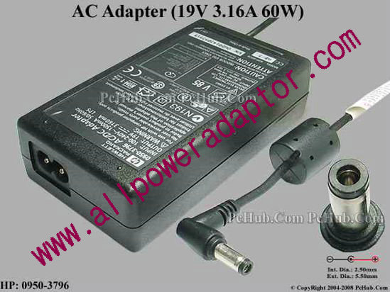 HP AC Adapter 13V-19V 19V 3.16A, 5.5/2.5mm, 2-Prong