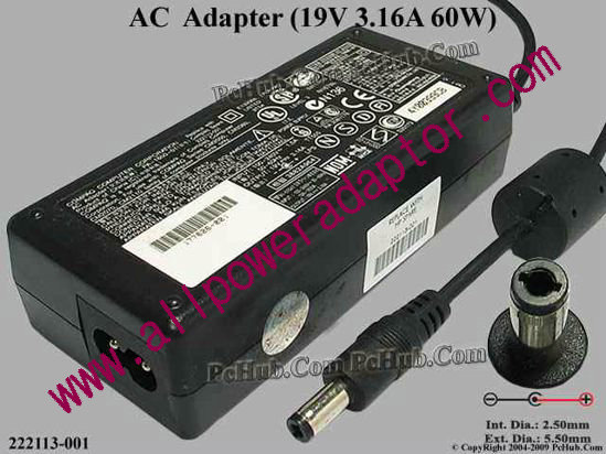 Compaq Common Item (Compaq) AC Adapter- Laptop 19V 3.16A, 5.5/2.5mm 12mm L, 2-Prong