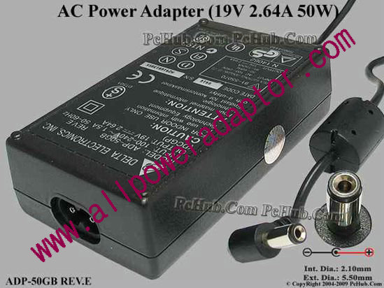Delta Electronics ADP-50GB REV.E AC Adapter- Laptop 19V 2.64A, 5.5/2.1mm, 2-Prong