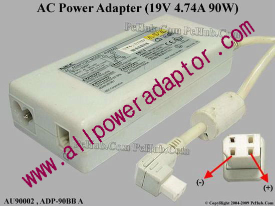 NEC AC Adapter 19V 4.74A, 4-Hole Rectangular, 3-Prong, White