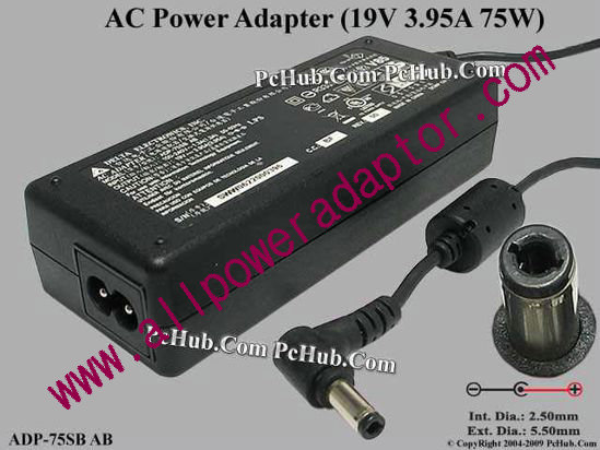 Delta Electronics ADP-75SB AB AC Adapter- Laptop 19V 3.95A, 5.5/2.5mm 12mm, 2-Prong