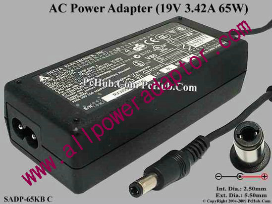 Delta Electronics SADP-65KB AC Adapter- Laptop 19V 3.42A, 5.5/2.5mm, 2-Prong