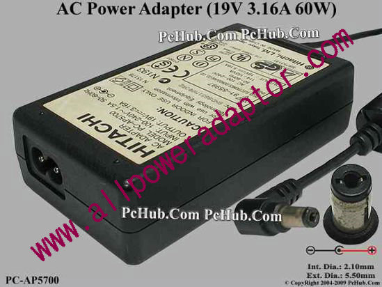 Hitachi AC Adapter- Laptop 19V 3.16A, 5.5/1.7mm 2-Prong
