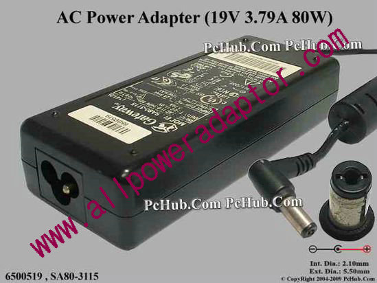 Gateway Common Item (Gateway) AC Adapter- Laptop 6500519, 19V 3.79A, Tip B