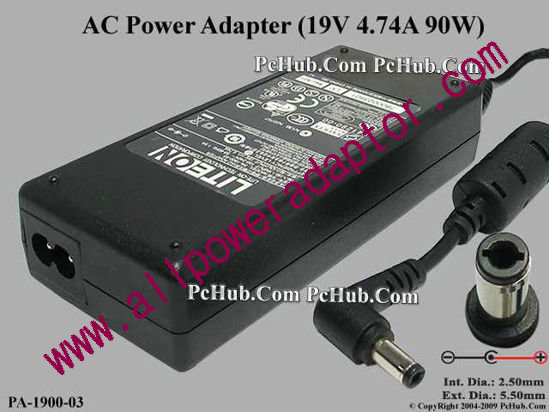 LITE-ON PA-1900-03 AC Adapter 19V 4.74A, 5.5/2.5mm, 2-Prong