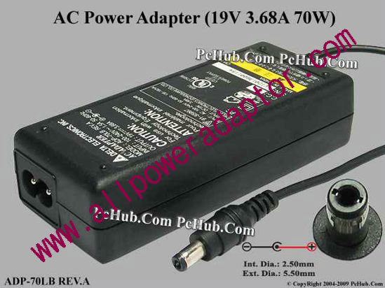 Delta Electronics ADP-70LB REV.A AC Adapter- Laptop 19V 3.68A, Tip C, (2-prong)