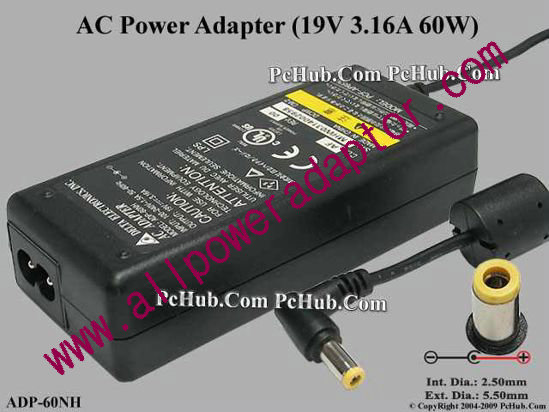 Delta Electronics ADP-60NH AC Adapter- Laptop 19V 3.16A, 5.5/2.5mm, 2-Prong