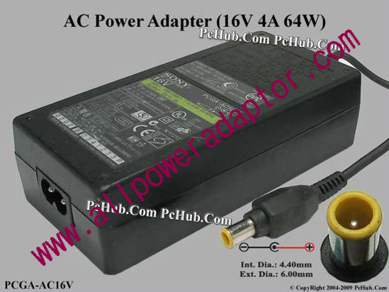 Sony Vaio Parts AC Adapter PCGA-AC16V, 16V 4A, Tip E, (2-Prong)