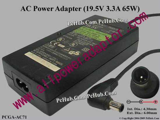 Sony Vaio Parts AC Adapter 19.5V 3.3A, 6.0/4.3mm With Pin, 2-Prong