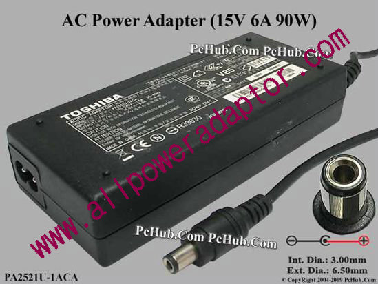 Toshiba AC Adapter PA2521U-1ACA, 15V 6A, Tip D, 2-prong