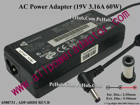 Gateway Common Item (Gateway) AC Adapter- Laptop 19V 3.16A, 5.5/2.5mm 12mm L, 3-Prong