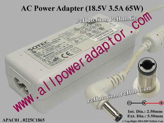 Sotec AC Adapter 18.5V 3.5A, 5.5/2.5mm 12mm, 2-Prong, White