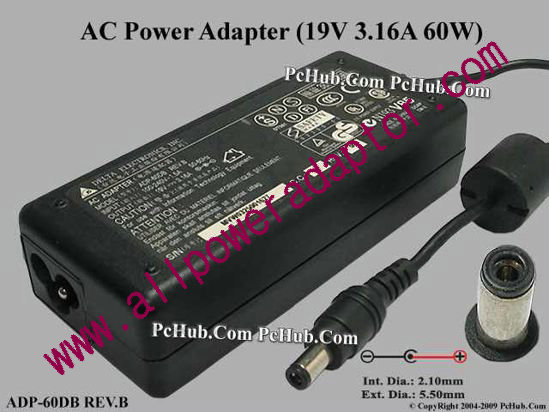 Delta Electronics ADP-60DB REV.B AC Adapter- Laptop 19V 3.16A, 5.5/2.1mm 3-Prong