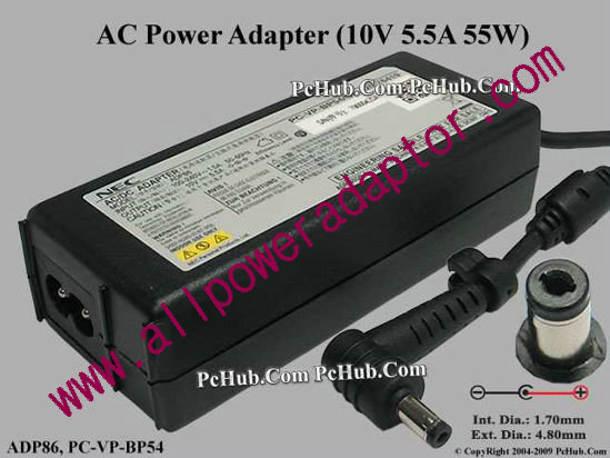 NEC AC Adapter ADP86, 10V 5.5A, Tip-A , 2-prong