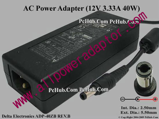 Delta Electronics ADP-40ZB REV.B AC Adapter- Laptop 12V 3.33A, 5.5/2.5mm 12mm, C14