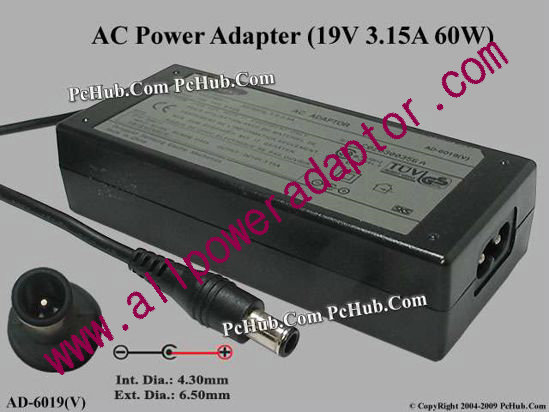Samsung Laptop AC Adapter AD-6019(V), 19V 3.15A, Tip-E, 2-prong