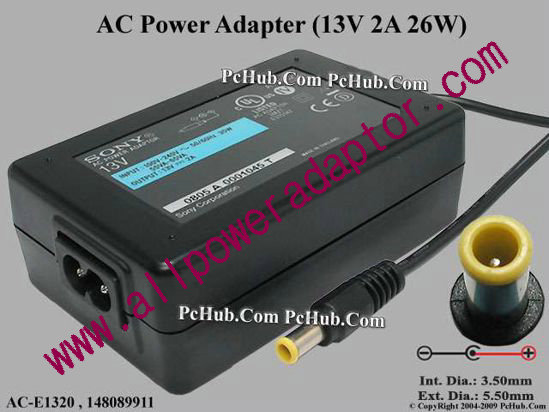 Sony AC Adapter 13V-19V AC-E1320, 13V 2A, Tip-I, 2-prong