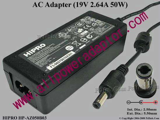 HIPRO HP-AZ050B03 AC Adapter- Laptop 19V 2.64A, Barrel 5.5/2.5mm 2-Prong