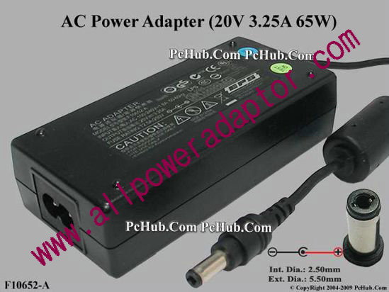 EPS F10652-A AC Adapter- Laptop 20V 3.25A, 5.5/2.5mm 12mm Length, 2-Prong