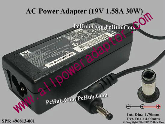 HP AC Adapter- Laptop 496813-001, 19V 1.58A, (1.7/4.0mm)