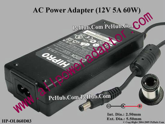 HIPRO HP-OL060D03 AC Adapter- Laptop 12V 5A, 5.5/2.5mm, 2-Prong