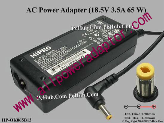 HIPRO HP-OK065B13 AC Adapter- Laptop 18.5V 3.5A, 4.8/1.7mm, 3-Prong
