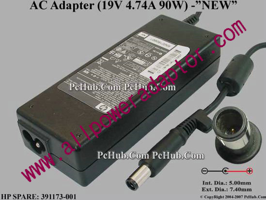 HP AC Adapter- Laptop 19V 4.74A, 7.4x5mm With Pin, 3-Prong, New