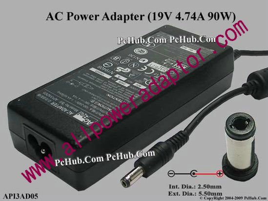 Acbel Polytech API3AD05 AC Adapter- Laptop 19V 4.74A, 5.5/2.5mm 12mm, 3-Prong