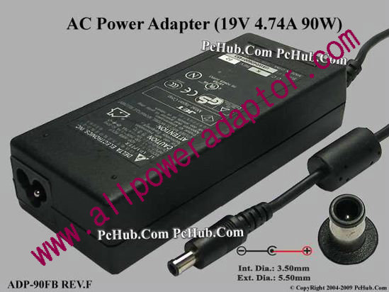 Delta Electronics ADP-90FB REV.F AC Adapter- Laptop 19V 4.74A, 5.5/3.5mm With Pin, 3-Prong