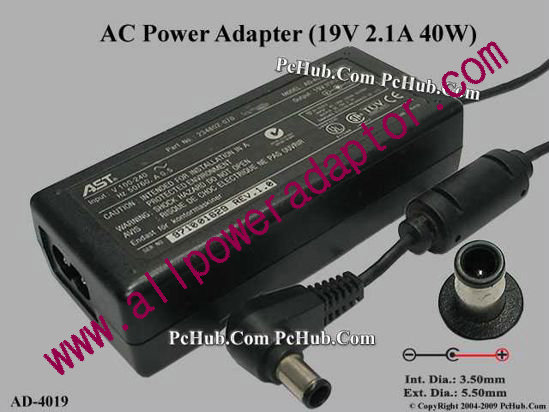 AST Common Item (AST) AC Adapter- Laptop 19V 2.1A, 5.5/3.0mm With Pin, 2-Prong