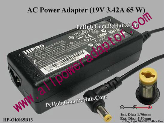 HIPRO HP-OK065B13 AC Adapter- Laptop 19V 3.42A, 5.5/1.7mm, 3-Prong