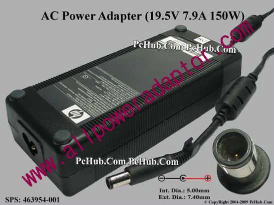 HP AC Adapter- Laptop 463954-001, 19.5V 7.9A, Pin, 3-prong