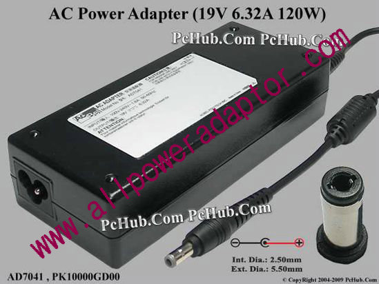 Acbel Polytech AD7041 AC Adapter- Laptop 19V 6.32A, 5.5/2.5mm 12mm Length, 3-Prong